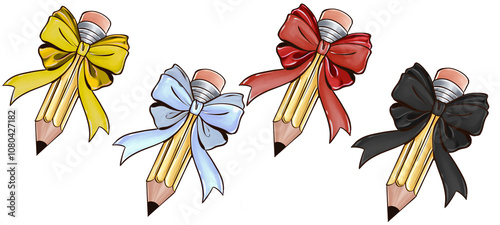 CUTE KAWAII HANDMADE ILLUSTRATION ON PENCILS IN DECORATED WITH BOWS 