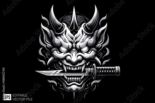 scary oni mask head dark art style vector design black and white illustration