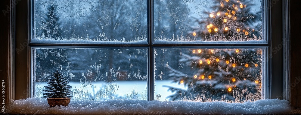 Naklejka premium Frosted window with view of glowing Christmas lights outside.