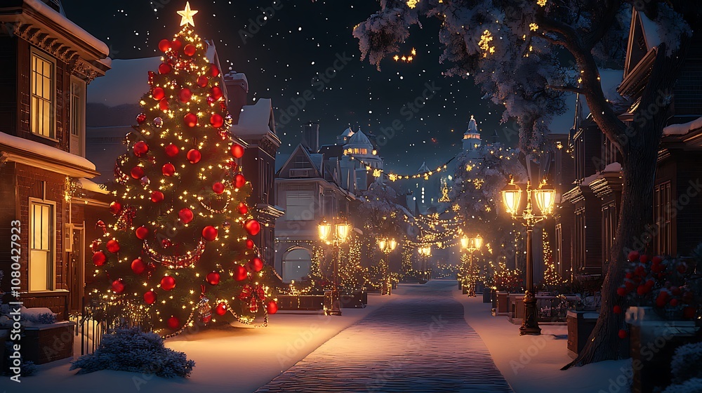 A festive winter street scene with a decorated Christmas tree and snow, creating a cozy holiday atmosphere. A festive winter street scene with a decorated Christmas tree and snow, creating a cozy holiday atmosphere.
