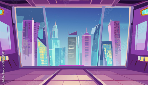 Vector cartoon illustration of interior of modern office building with skyscrapers