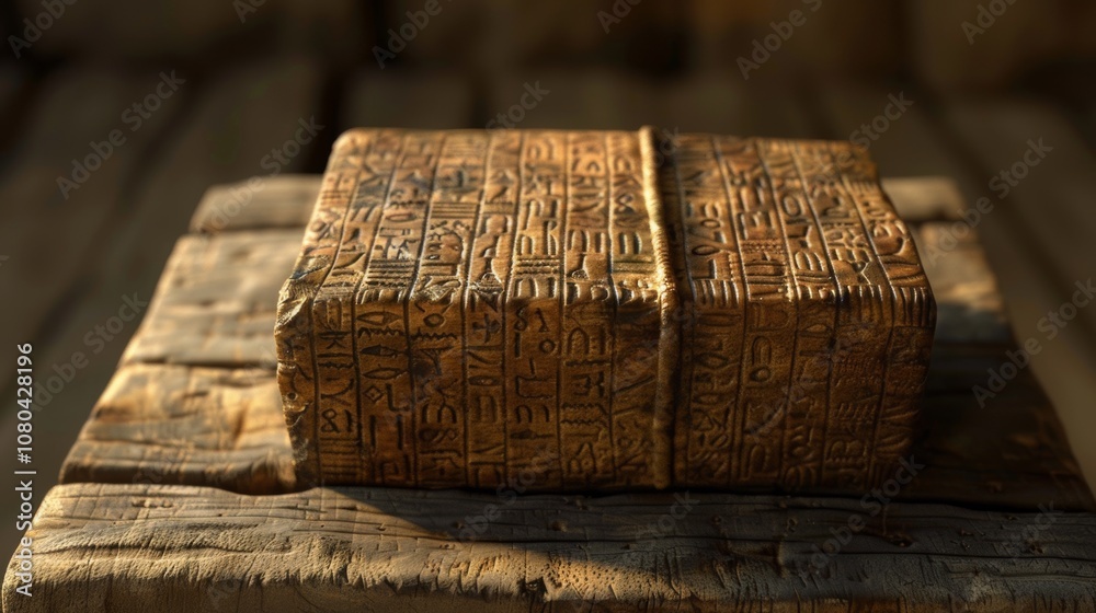 Ancient Sumerian Cuneiform Tablet on Wooden Surface