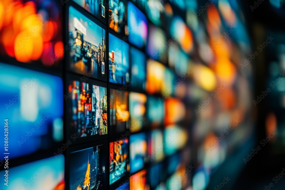 Artistic 3d rendering of tv and video content on wall with blurred background and vibrant colors Artistic 3d rendering of tv and video content on wall with blurred background and vibrant colors