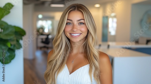 Free Download Young woman with blonde hair and a bright smile, standing confidently in a modern office environment. - GFXLoad
