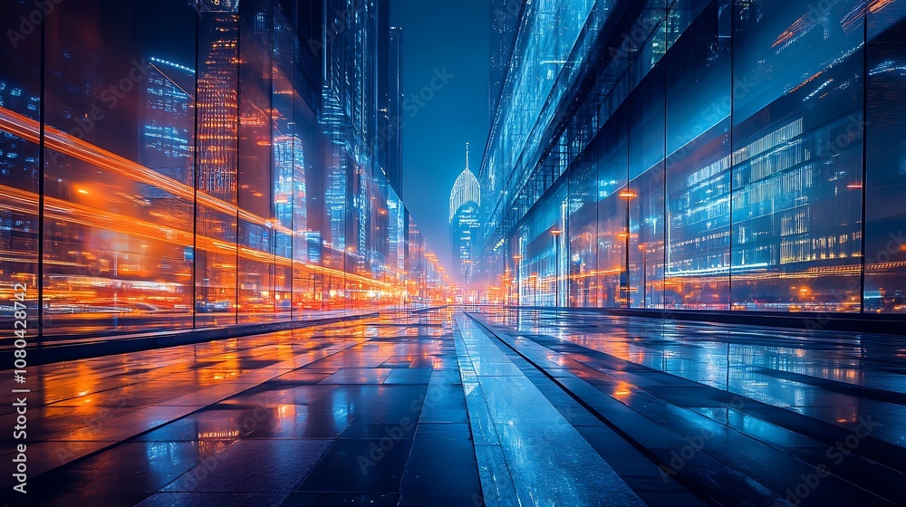 A vibrant cityscape at night with illuminated skyscrapers and light trails from traffic. A vibrant cityscape at night with illuminated skyscrapers and light trails from traffic.