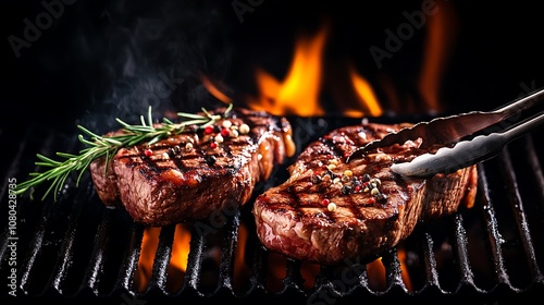 juicy beef steaks on the grill with flames, tongs holding one steak, Generative AI