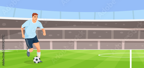 A soccer player dribbling a ball in a stadium setting. Vector illustration