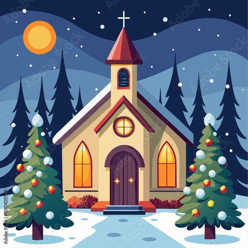 A Christmas church scene with a snowy landscape