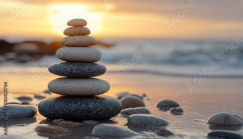 Tranquil Stacked Stones at Sunset on Beach