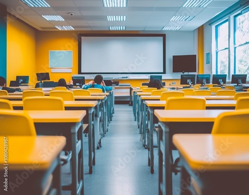 Spacious high school classroom featuring desks, computer screen, whiteboard, and yellow accents