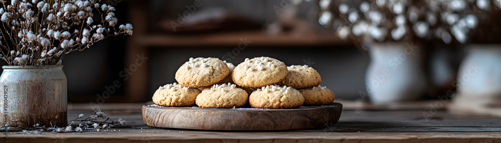 A Stack of Sugar Cookies with White Sprinkles on a Rustic Wooden Board A Stack of Sugar Cookies with White Sprinkles on a Rustic Wooden Board