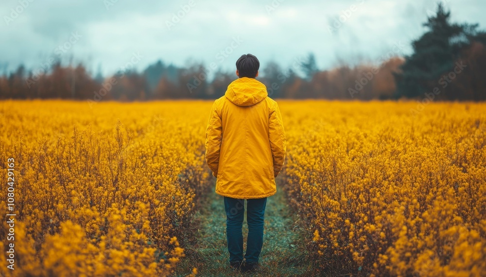 Vibrant Yellow Field with Person in a Rain Jacket Vibrant Yellow Field with Person in a Rain Jacket