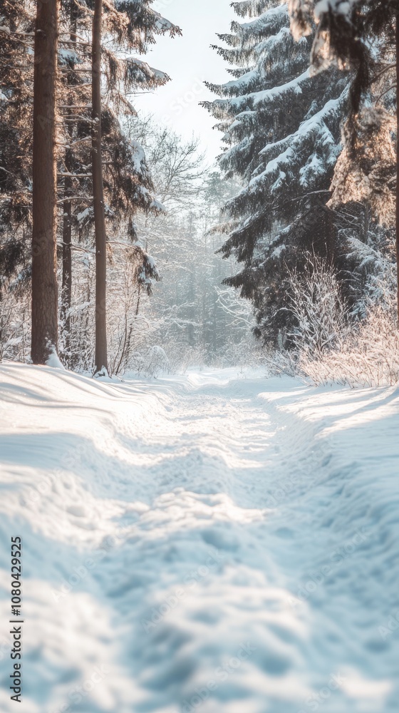 A tranquil winter scene featuring a snow-covered path through a forest with sunlight streaming through tall pine trees. A tranquil winter scene featuring a snow-covered path through a forest with sunlight streaming through tall pine trees.