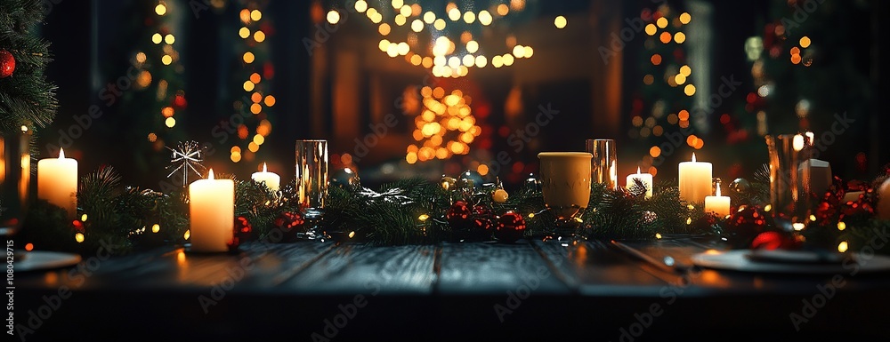 Elegant Christmas dinner table with candles and red decor.