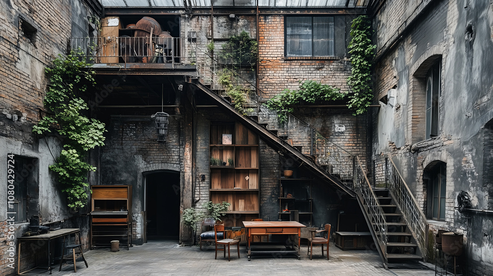An industrial courtyard with weathered brick walls, metal stairs, and a wooden table An industrial courtyard with weathered brick walls, metal stairs, and a wooden table