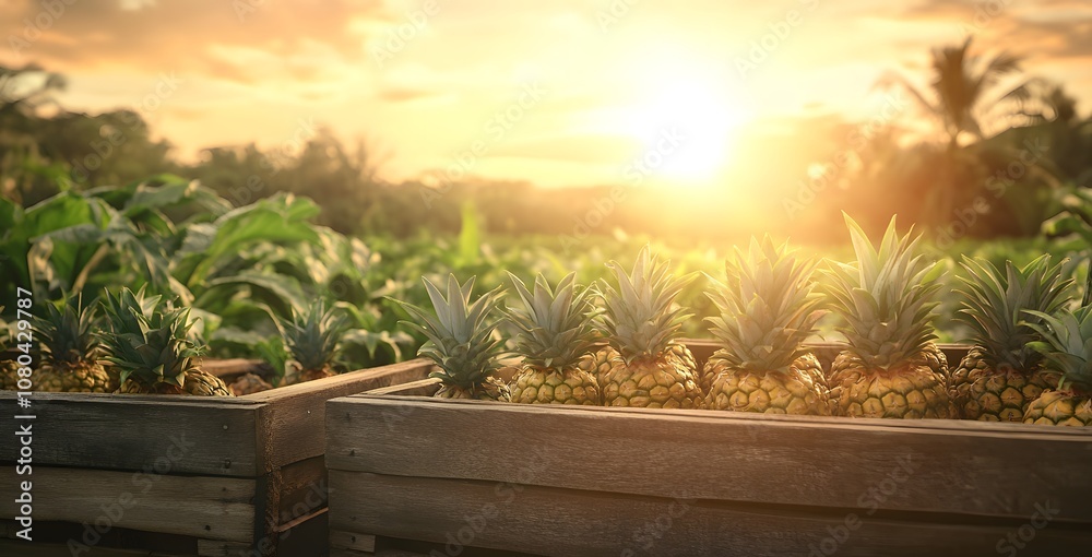 A background of pineapples in wooden crates, set against the backdrop of sunset rays and the lush greenery of a pineapple farm. A background of pineapples in wooden crates, set against the backdrop of sunset rays and the lush greenery of a pineapple farm.