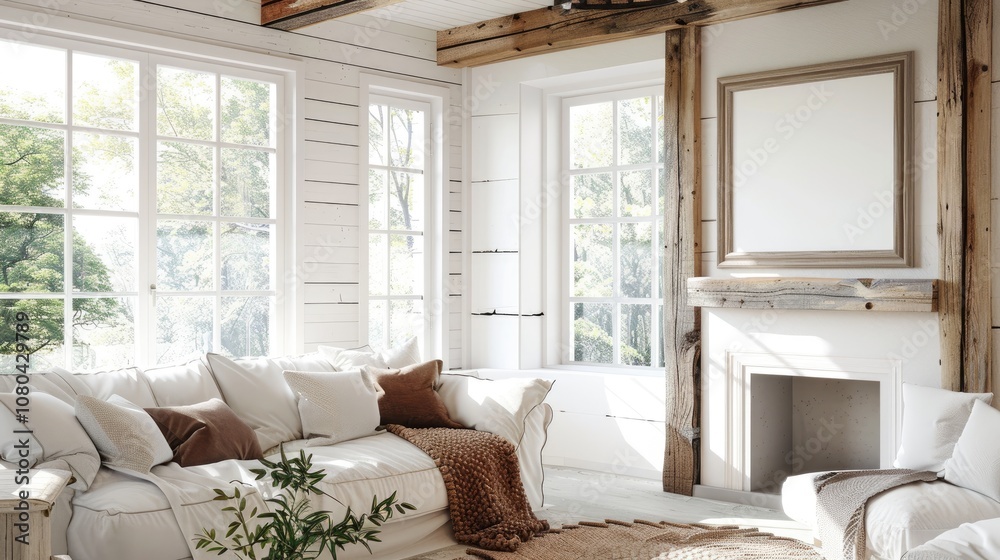 Fototapeta premium Relaxing living room scene bright and airy interior design cozy environment natural light modern concept