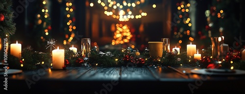 Elegant Christmas dinner table with candles and red decor.