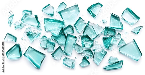 A background of broken glass pieces in various sizes and shapes, isolated on a white background with space for text or design elements.