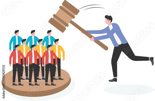 Row of businessmen standing with big hand holding gavel to sanction, law, fairness and justice, dismissal and layoff

