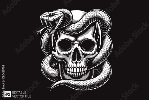 skull head dark art style vector design black and white illustration
