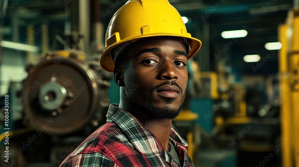 A Focused Construction Worker Wears a Hard Hat Inside a Bustling Factory, Showcasing Dedication to Safety and Craftsmanship During a Busy Workday A Focused Construction Worker Wears a Hard Hat Inside a Bustling Factory, Showcasing Dedication to Safety and Craftsmanship During a Busy Workday