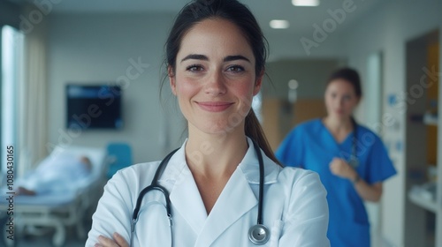 Dedicated Healthcare Professional Smiles Confidently in a Hospital Corridor While a Colleague Walks by Attending to Patients During a Busy Shift