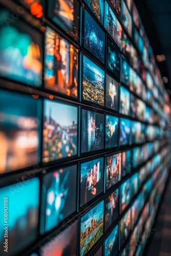 Dynamic wall of digital screens showcasing fast paced media content production in modern era