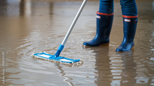 A person mopping a flooded floor with a mop and bucket.