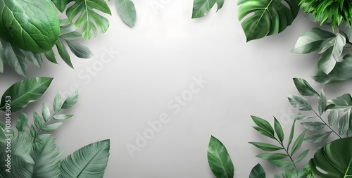 Fototapeta Naklejka Na Ścianę i Meble -  Eco-friendly house concept with green leaves isolated on a grey background, with copy space for text, a banner design. 