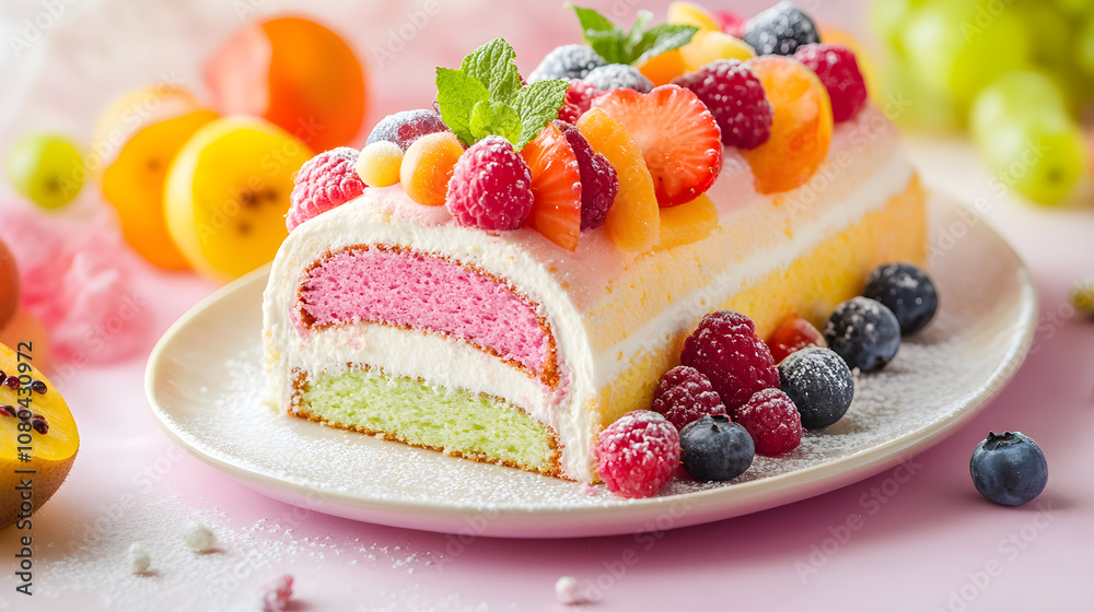 Exquisite Pastel Cake Roll with Fresh Fruit Garnish on Soothing Pastel Backdrop Exquisite Pastel Cake Roll with Fresh Fruit Garnish on Soothing Pastel Backdrop