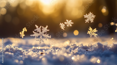 close up of a faling snowflakes float gently through the air, winter air, sunlight, Golden bokeh - Generative AI	
 photo