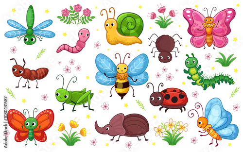Set of vector insects on a white background. Collection of insects in a cartoon style.