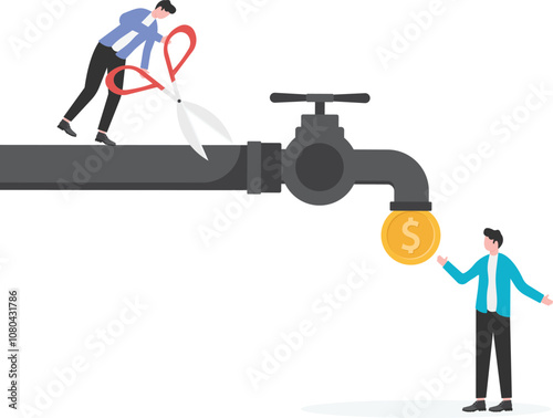 Hand holding scissors to cut open faucet, cut off source of money and business,

