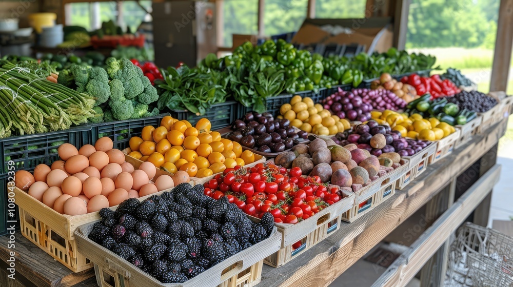 Fresh Produce Displayed on Wooden Table at Farmers Market Fresh Produce Displayed on Wooden Table at Farmers Market