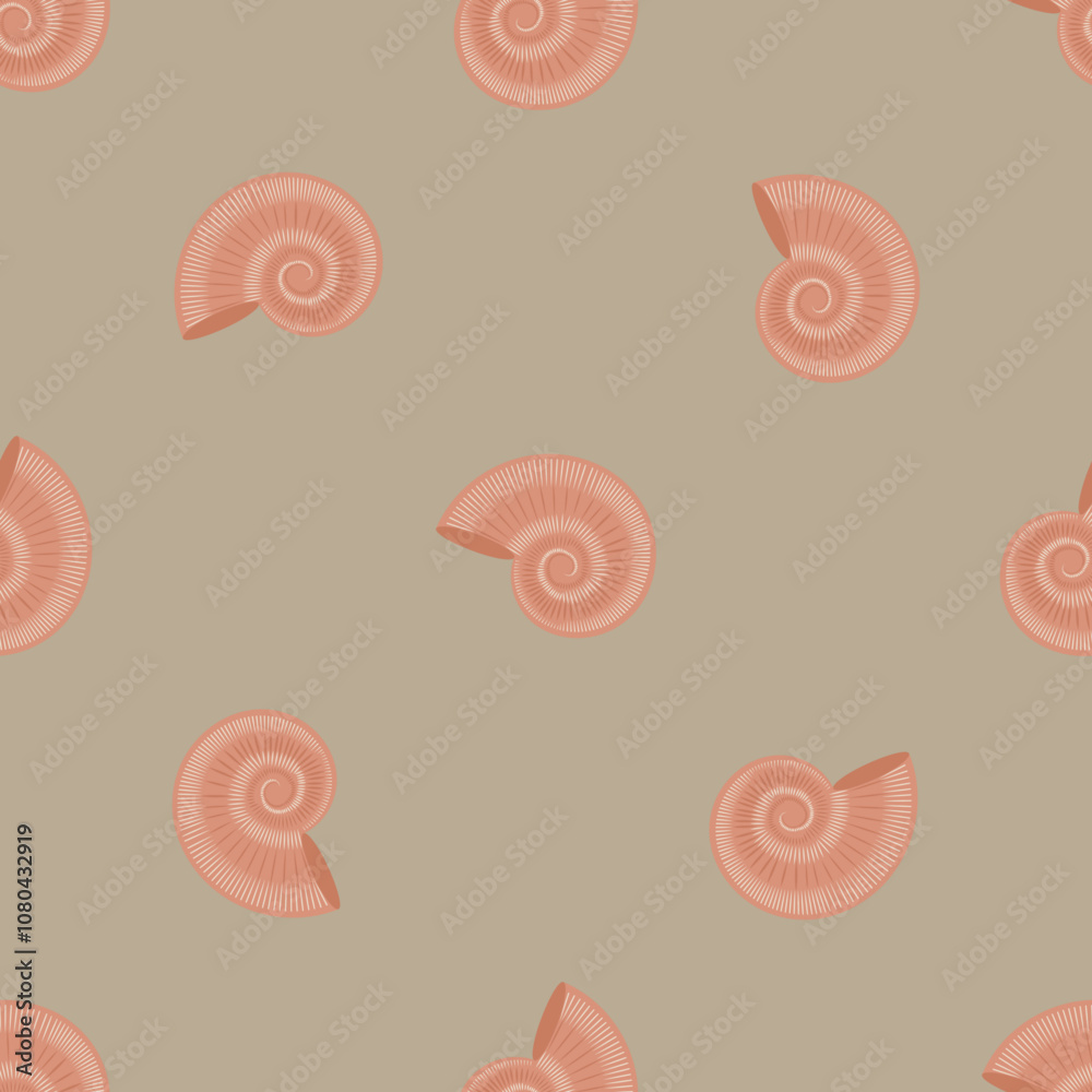 Seashell Vector Seamless Pattern with Marine Elements on Moss Green Background. Perfect for Coastal and Beach Design
