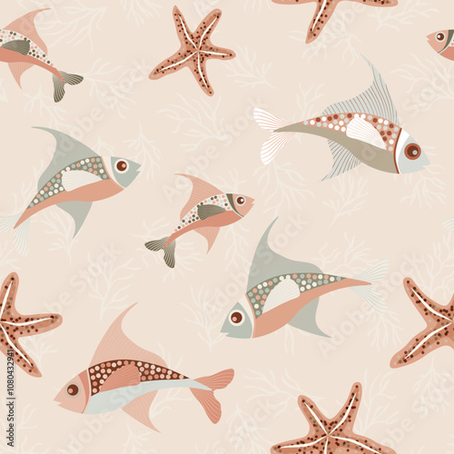 Fish Vector Seamless Pattern. Marine Elements on Blue Background. Perfect for Coastal and Beach Designs