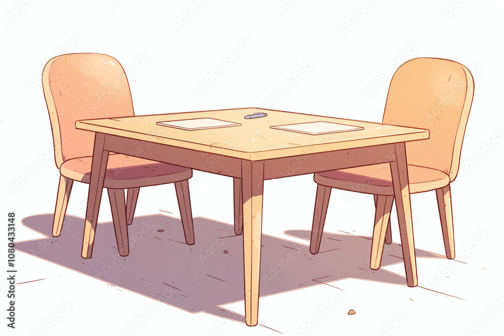 Fototapeta premium Simple Wooden Table and Chairs Illustration