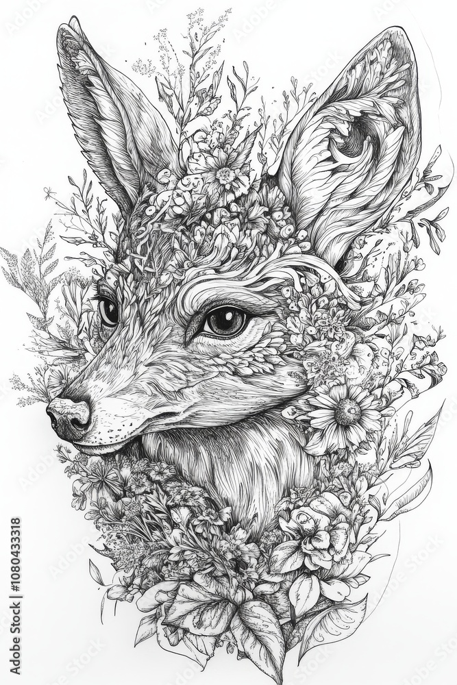 Fototapeta premium Detailed black and white illustration of a fox head adorned with intricate floral designs, showcasing artistic creativity and nature.