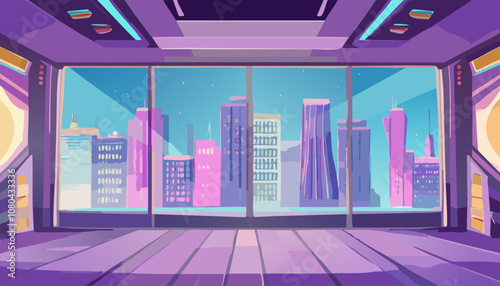 City panoramic view from the window. Vector illustration in cartoon style.