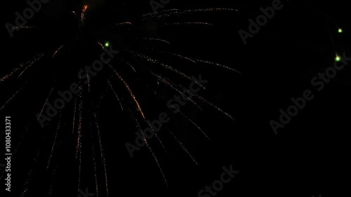 Great firework show. Unique close aerial view, flight inside, quadcopter drone footage. Beautiful colors from above. 4K footage. Aerial view firework