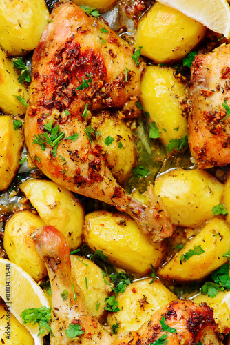 Chicken legs with potatoes baked in Greek style with lemon, garlic and herbs .top veiw photo