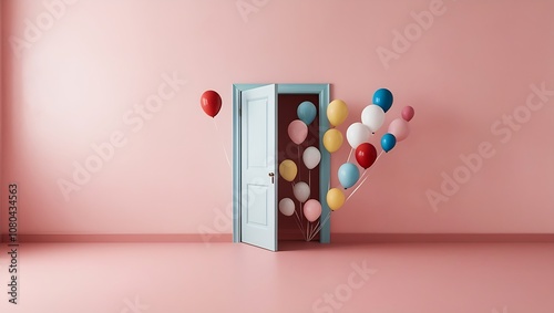 Surreal Whimsical Artwork – Partially Open Blue Door on Soft Pink Wall with Colorful Balloons Emerging, Pastel Palette, Playful Atmosphere, and Balanced Composition