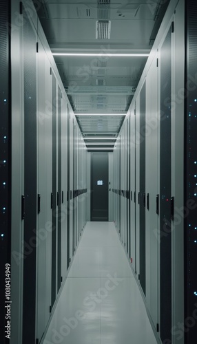 Data center corridor with rack servers and supercomputers featuring cloud storage icons photo