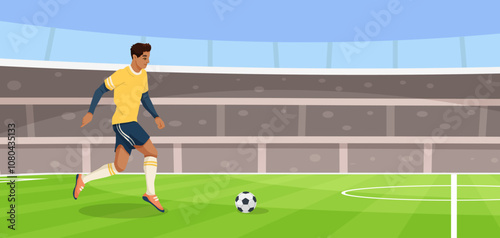 A soccer player in motion kicking a ball on a vibrant field. Vector illustration