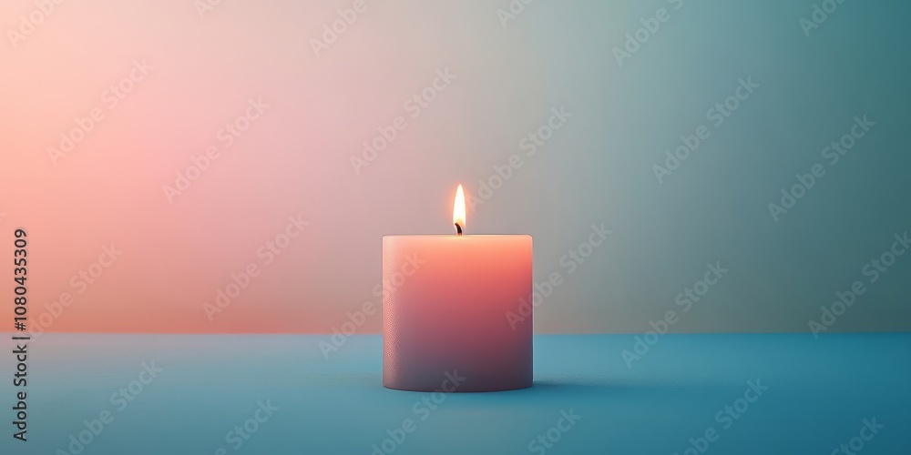 A candle is lit in a room with a blue background. The candle is the only object in the image A candle is lit in a room with a blue background. The candle is the only object in the image