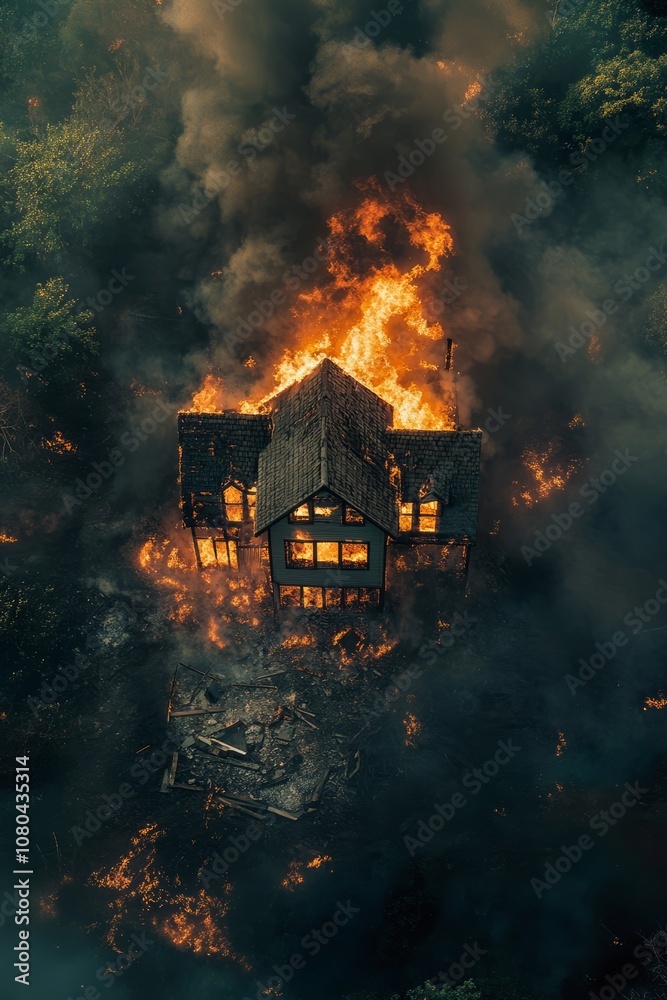 Dramatic aerial shot of a house on fire, engulfed in flames and smoke, amidst a forest setting, illustrating the destructive power of wildfires.