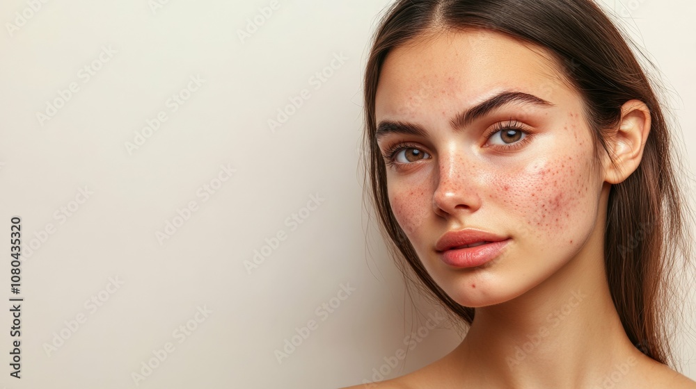 young woman with dark hair showing acne on her cheeks, standing against a neutral background with soft daylight, minimal shadows, young woman with dark hair showing acne on her cheeks, standing against a neutral background with soft daylight, minimal shadows,