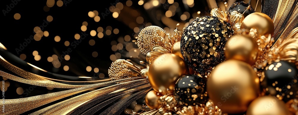 Black and gold Christmas baubles with glitter and sparkle. Black and gold Christmas baubles with glitter and sparkle.