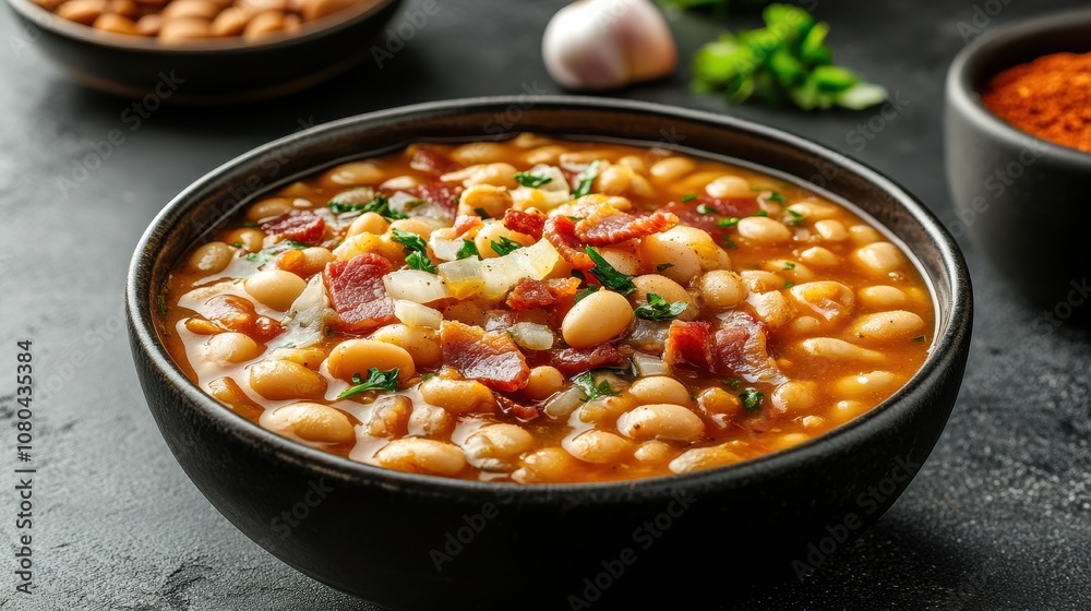 Bowl of white beans, bacon, and onions. This image is perfect for recipes, food blogs, and articles about healthy eating. Bowl of white beans, bacon, and onions. This image is perfect for recipes, food blogs, and articles about healthy eating.
